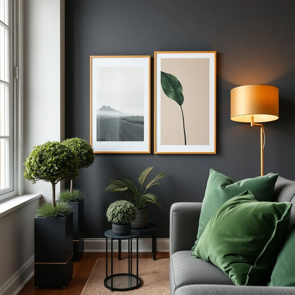 Cozy living room corner with dwarf boxwood topiaries in sleek black metal planters framed by charcoal gray walls deep green velvet cushions warm amber floor lamps shot as a close-up vignette