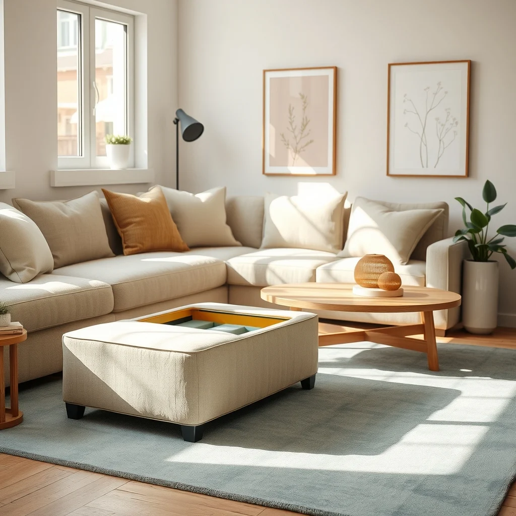 Cozy living room nook soft greige linen ottoman with hidden compartment centered on a muted teal rug warm natural light from a nearby window walnut coffee table abstract botanical print on wall