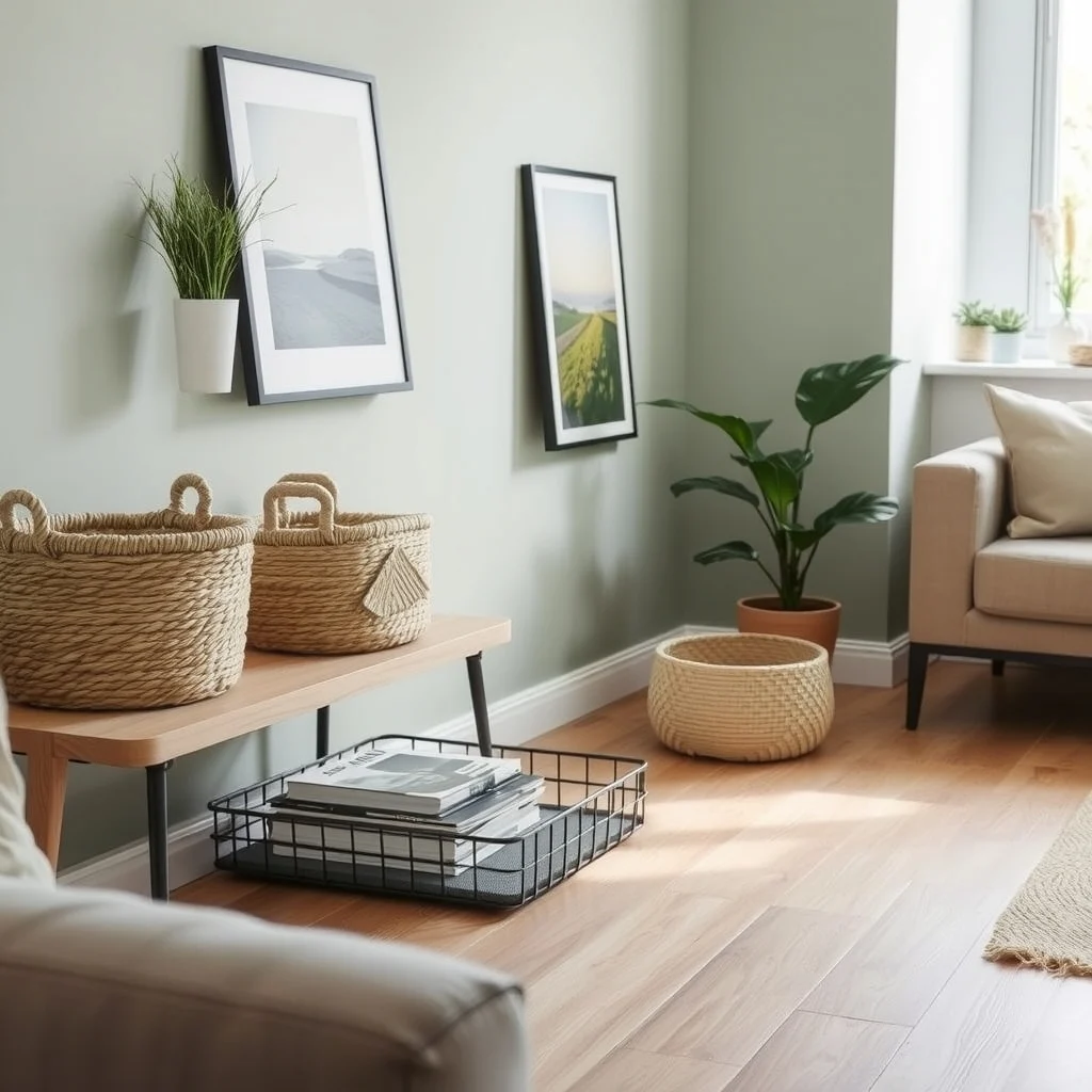 Cozy living room shelf displays woven seagrass baskets perfectly sized for magazines beside a minimalist metal tray light oak floor muted sage walls soft daylight from a nearby window creates gentle contrast