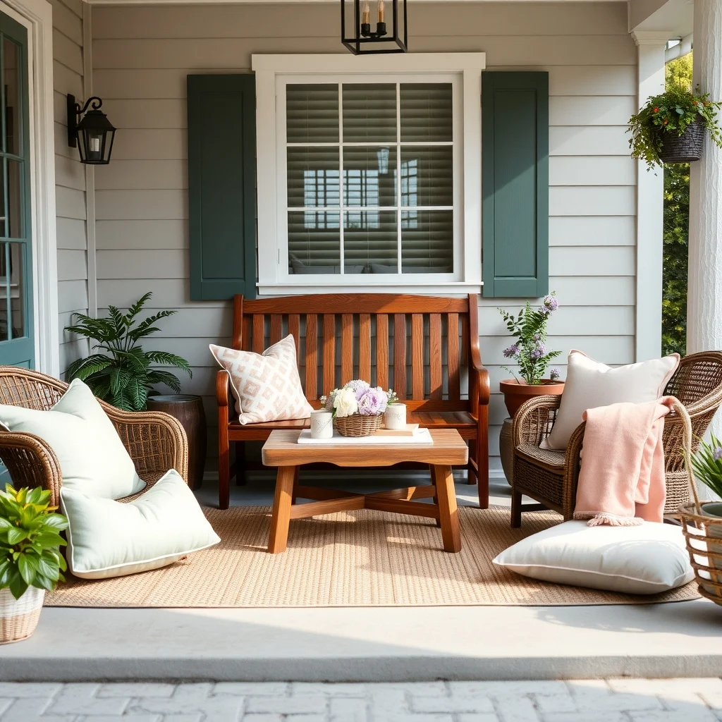 Cozy porch vignette with a weather treated wooden bench flanked by two wicker armchairs and oversized floor cushions in pastel sage and blush arranged on a textured rug soft natural light