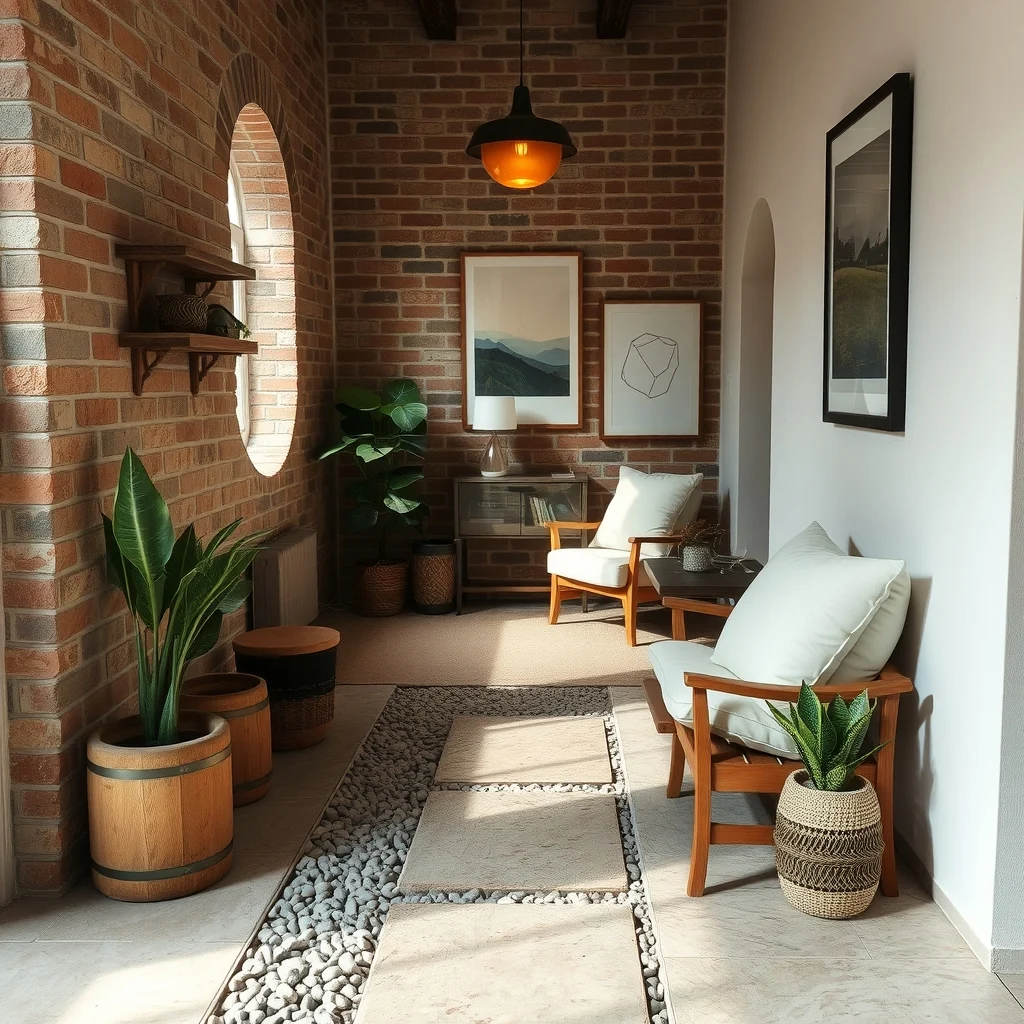 Cozy reading nook accessed via a narrow smooth river gravel pathway across a polished stone floor rustic reclaimed brick walls soft ivory cushions warm amber lamp casting gentle shadows