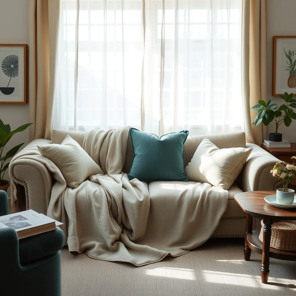 Cozy sofa draped with a greige linen throw accented by plush velvet cushions in muted teal diffused daylight filters through sheer curtains emphasizing layered textures and a tranquil vintage-inspired palette