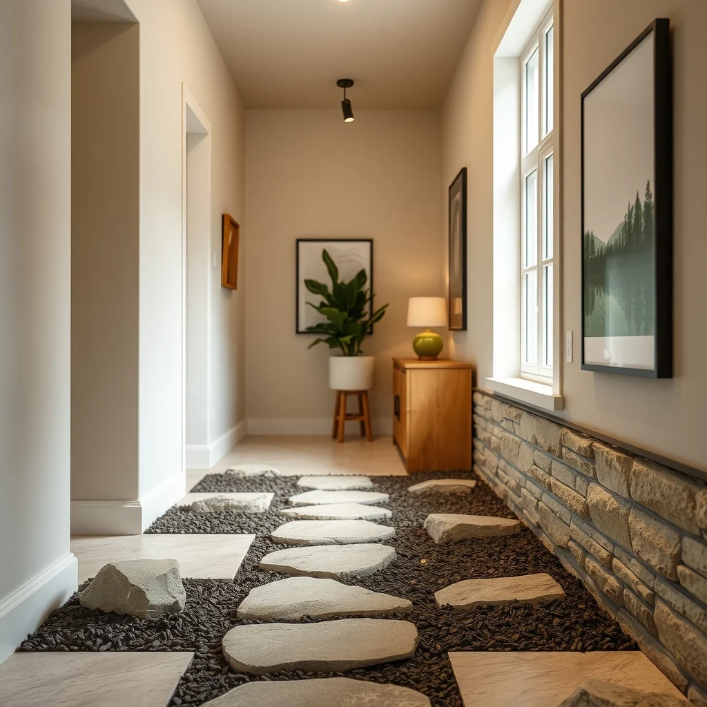Cozy stone lined hallway featuring raised 12 inch limestone stepping stones perched on small mulch mounds warm neutral tones ambient overhead LEDs close up view highlighting texture contrast