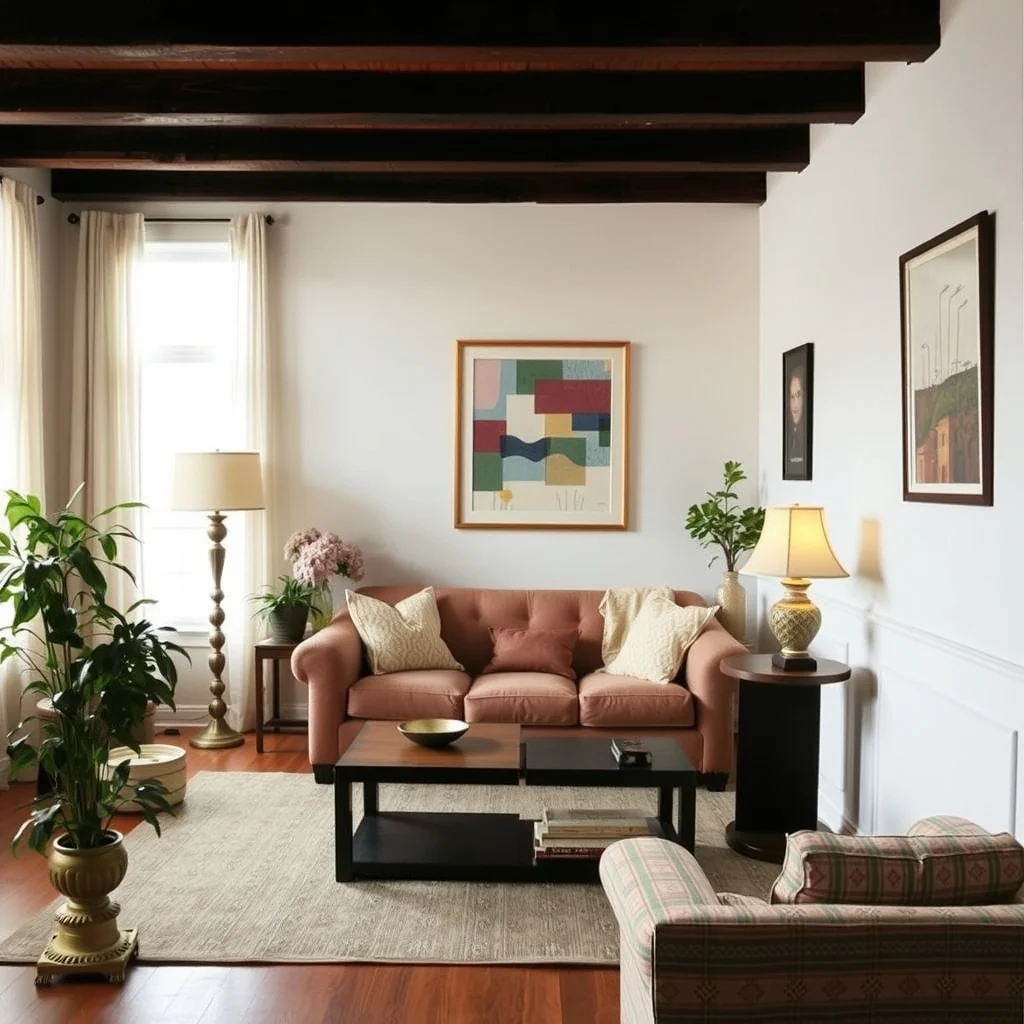 Cozy Vintage Living Room Ideas for a Warm and Timeless Home: 4. Incorporate Antique Lighting with Warm Glows - Lighting defines mood, and an antique brass floor lamp or a pair of vintage table lamps can soften harsh overhead light. Look for fixtures that feature a frosted glass shade or a fabric drum; these