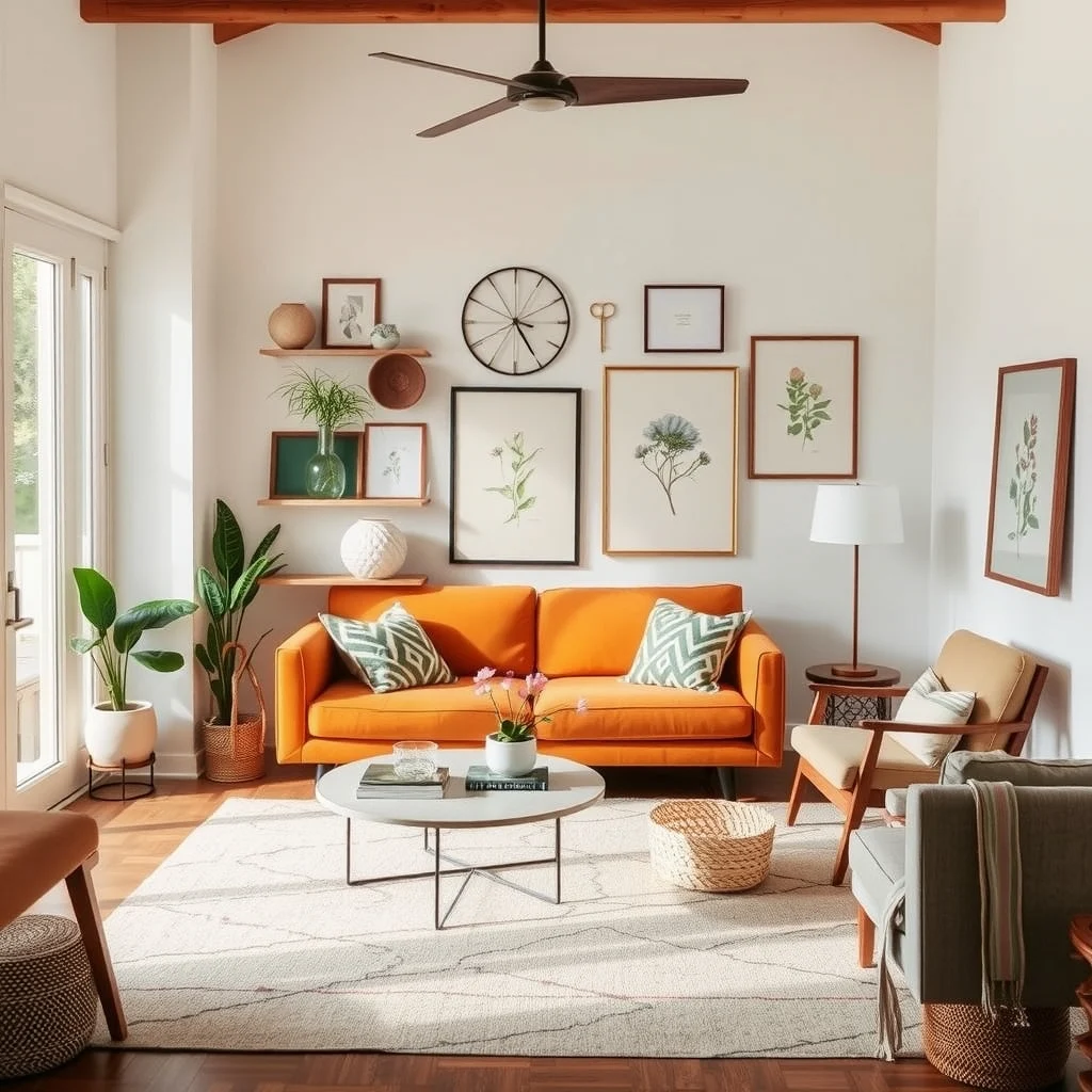 Cozy Vintage Living Room Ideas for a Warm and Timeless Home: 6. Add Curated Collections on Open Walls - Open wall space is an invitation to display items that speak to personal history—a collection of ceramic bowls, a series of framed botanical prints, or a row of antique keys. Arrange these objects with intentional