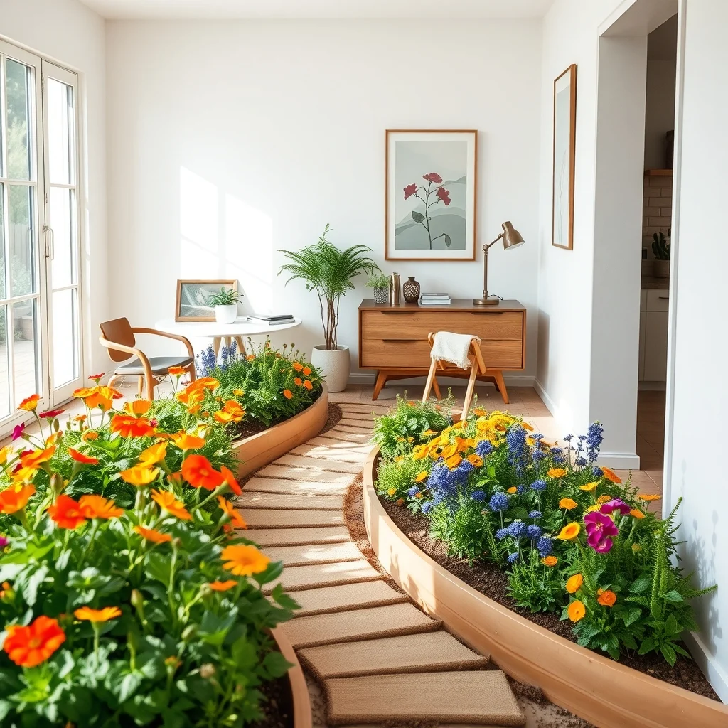 Curved garden path bordered by vibrant edible flower beds orange nasturtiums sunny calendula blue borage bloom among lush greens photographed in a close up vignette bright daylight natural wood edging