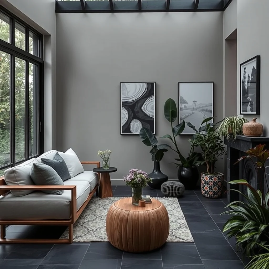 Dark Foliage Garden Ideas for a Dramatic and Modern Outdoor Space interior: 5. Pair the garden with matte black or dark‑tone hardscape - Flooring and edging made from slate, basalt, or reclaimed wood stained dark create a seamless transition between plantings and the surrounding space. A dark stone patio, for example, reflects the surrounding foliage while providing a