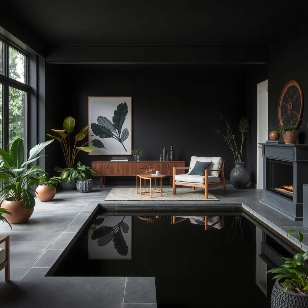 Dark Foliage Garden Ideas for a Dramatic and Modern Outdoor Space interior: 6. Add reflective water or dark stone features for depth - A shallow reflecting pool or a dark basalt boulder can act as a visual anchor that mirrors the garden’s palette. Water catches the surrounding greenery and returns it to the viewer, creating a sense of