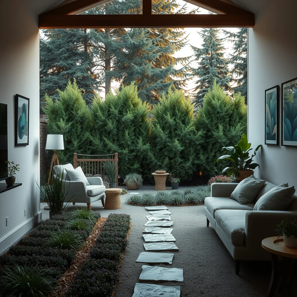 Dawn lit backyard view featuring an evergreen backdrop mid height perennials and low groundcover in layered rows natural stone pathway winds through muted earth tones dominate soft morning light creates depth