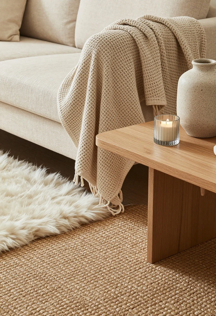 Detail closeup: A tactile vignette highlighting layered textures—linen sofa arm draped with a chunky waffle knit throw, fingers-width weave visible; foreground shows a flatweave jute rug with a small fluffy wool rug layered on top near the sofa edge. On a smooth light-oak coffee table: a speckled stoneware vase and a ribbed glass candleholder, matte finishes. Tonal, warm neutrals under diffused daylight for soft contrast.