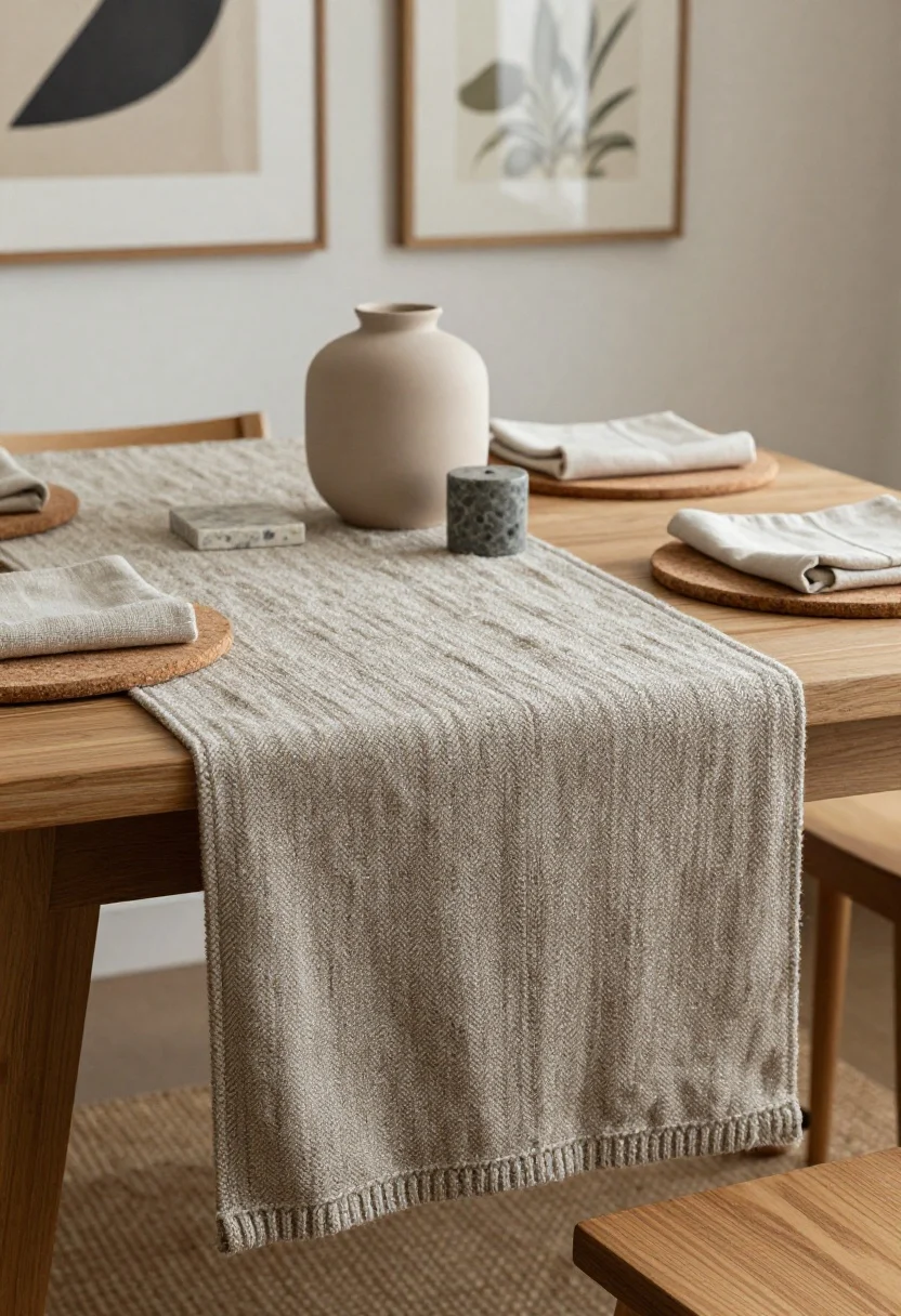 minimalist dining room ideas - Detail closeup: Texture-forward still life on a small dining surface—wool-blend