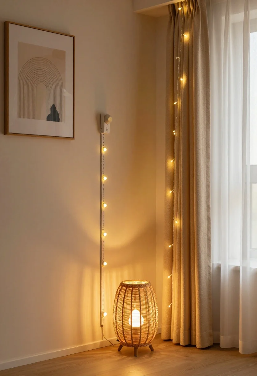 boho bedroom decor ideas - Detail shot: Cozy renter lighting cluster—plug-in sconce mounted with removable