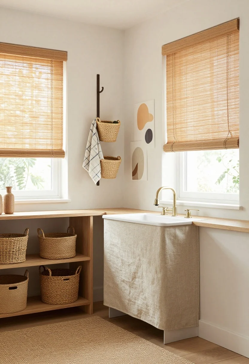 coastal kitchen makeover ideas - Detail shot of layered natural textures on a kitchen corner: