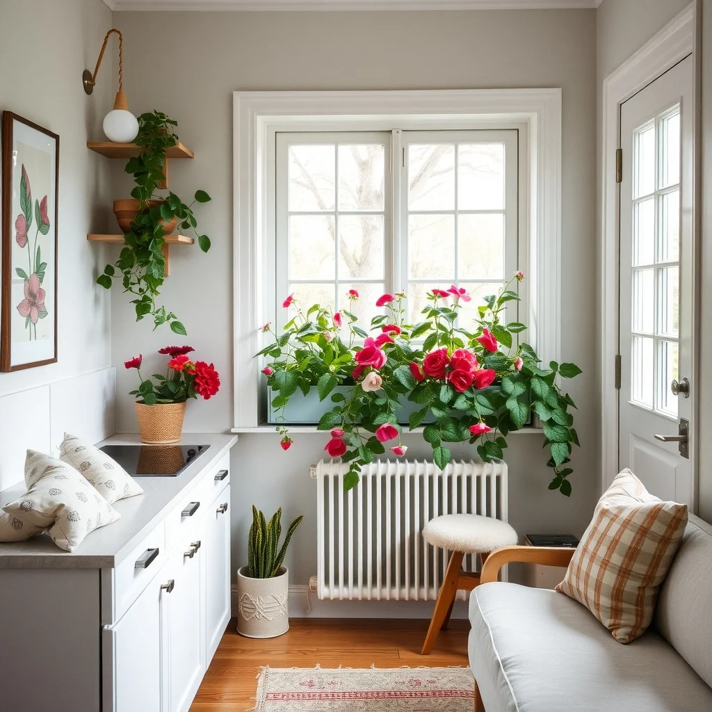 Edible Landscaping Ideas That Combine Beautiful Flowers and Food interior: 5. Kitchen Window Box with Trailing Vines and Blooms - A window box that receives bright, indirect light becomes a living garnish for the kitchen. Plant a trailing vine such as sweet peas or climbing strawberries along the back, allowing the stems to spill over