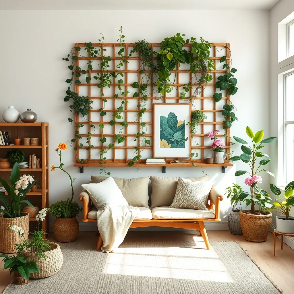 Edible Landscaping Ideas That Combine Beautiful Flowers and Food interior: 7. Indoor Vertical Garden Using Trellised Vines and Edible Flowers - Vertical gardens bring greenery into interiors without sacrificing floor space. Install a wooden or metal trellis on a sunny wall, then train vines such as peas or pole beans to climb upward. Interspersed among the