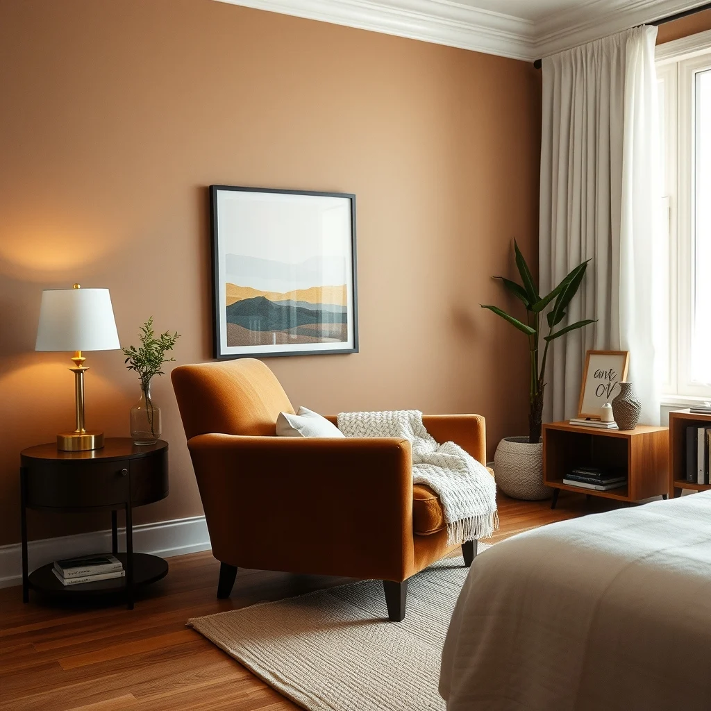 Elegant bedroom warm taupe walls plush velvet armchair chunky knit blanket draped over chair walnut nightstand with brass lamp soft white curtains ambient glow