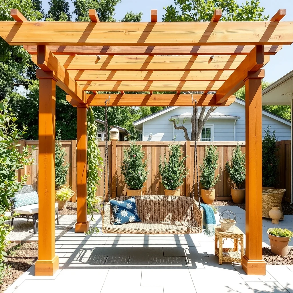 Elegant cedar pergola canopy framing a suspended stainless steel swing natural woven seat amber