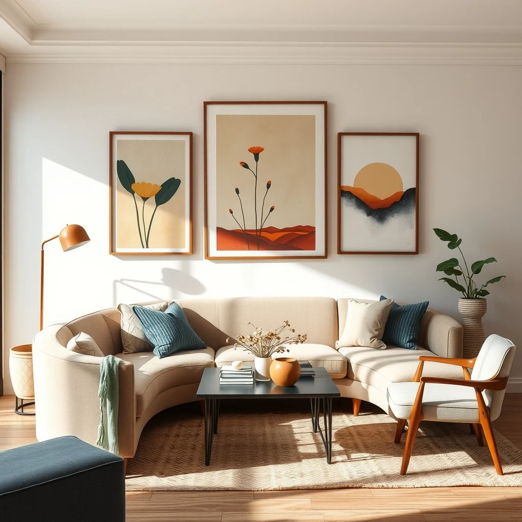 Elegant curved sofa with mid century