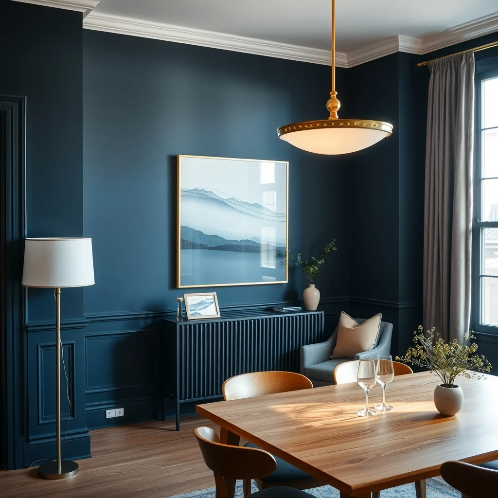 Elegant dining area features a brushed brass overhead chandelier casting even light complemented by a tall arc floor lamp with a linen shade deep charcoal walls pale oak table winter sunrise ambience