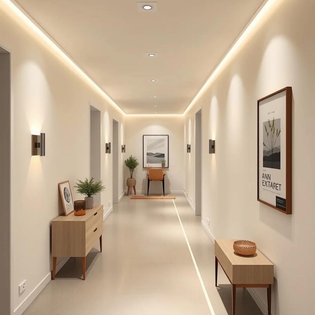Elegant hallway with recessed warm white LED strip lights along a narrow concrete strip flanked by brushed nickel sconces pale ivory walls and a minimalist black and white typography poster captured in a linear perspective
