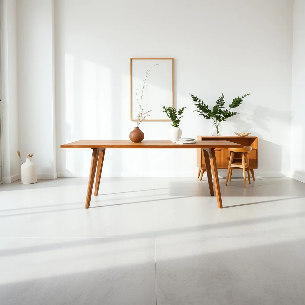 Elegant rectangular dining table in light walnut featuring slim tapered positioned centrally on pale concrete floor surrounded by ample negative space emphasizing floor visibility and a clean streamlined