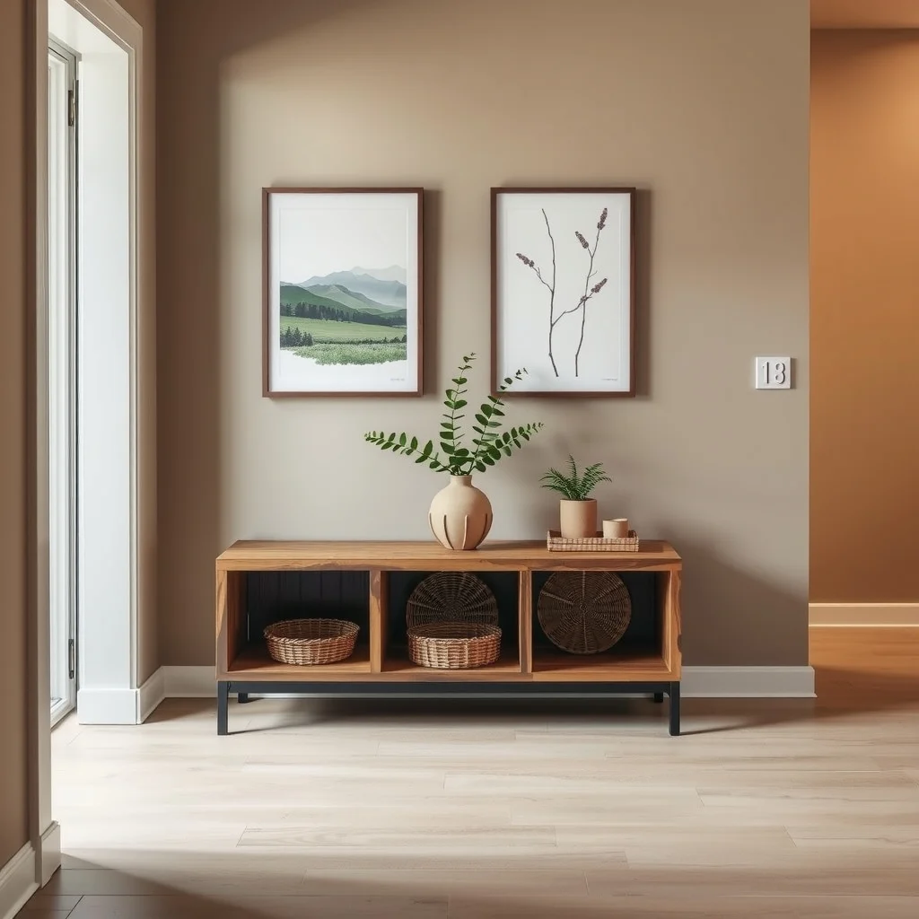 Entry hall showcases a low reclaimed wood console with three open cubbies holding woven trays a sleek ceramic vase and a small potted fern muted taupe walls soft amber lighting