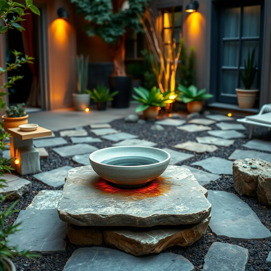 Evening courtyard features a low ceramic basin perched on a raised stone slab gentle recirculating stream creates ripples amber LED uplights highlight weathered stone and tranquil water surface