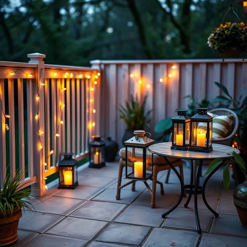 Evening patio vignette warm glow string lights draped along the rail two battery operated lanterns on a side table casting gentle amber circles on the ground