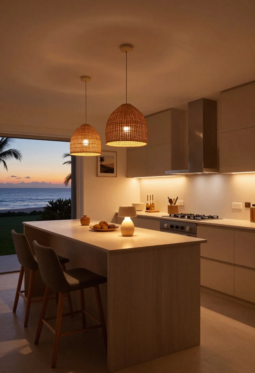 coastal kitchen makeover ideas - Evening scene, wide shot of layered cozy lighting in a
