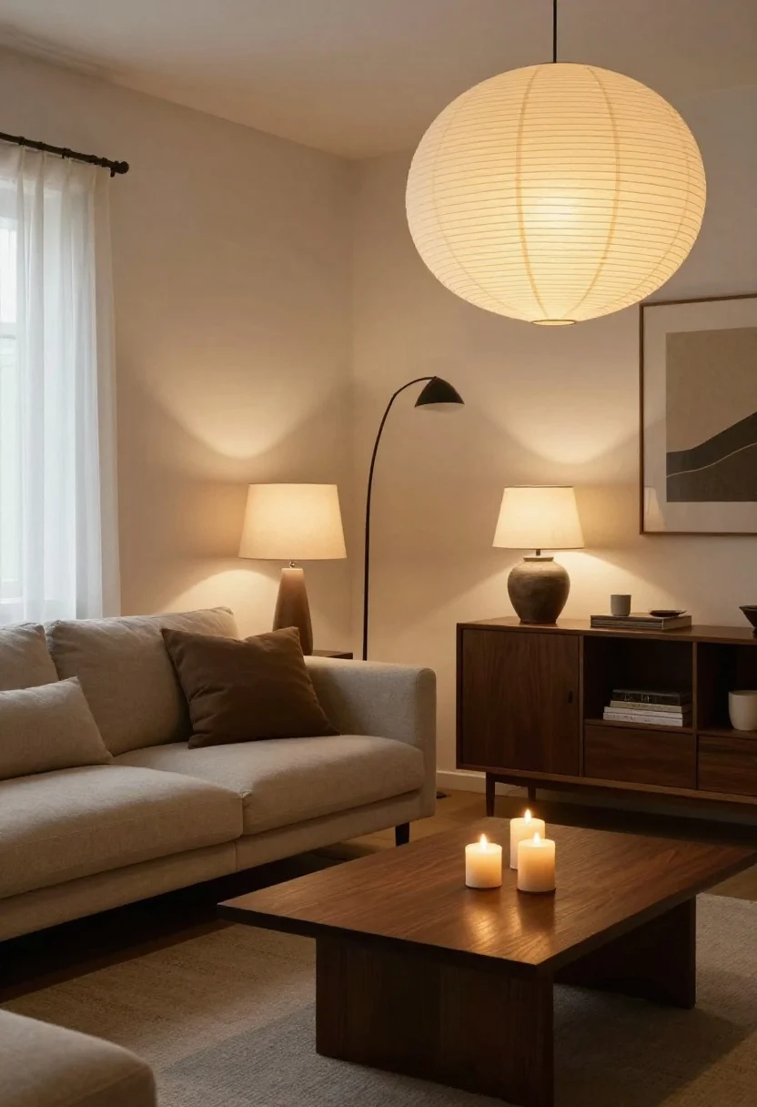 Evening wide shot: Layered cozy lighting—no single harsh overhead. A slim black arc floor lamp beside the sofa, two table lamps with ceramic bases and linen shades on a console and side table, plus a Noguchi-inspired paper lantern pendant softly glowing. Warm bulb temps around 2700K, dimmed pools of light. A small cluster of low-profile candles on the coffee table adds hygge. Matte finishes throughout, inviting ambiance.