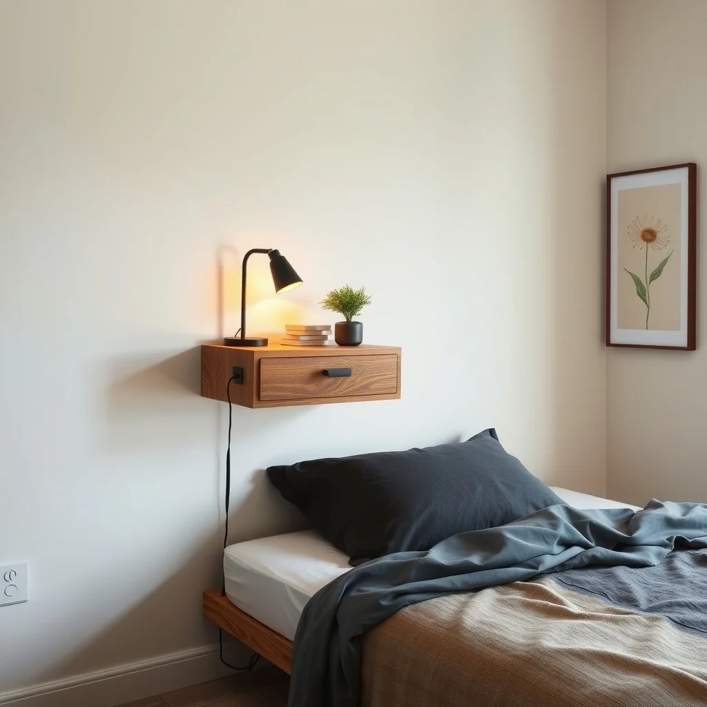 Floating reclaimed oak nightstand mounted above a low mattress single drawer and built in power strip soft bedside lamp casts warm glow charcoal linen bedding abstract botanical print on opposite wall