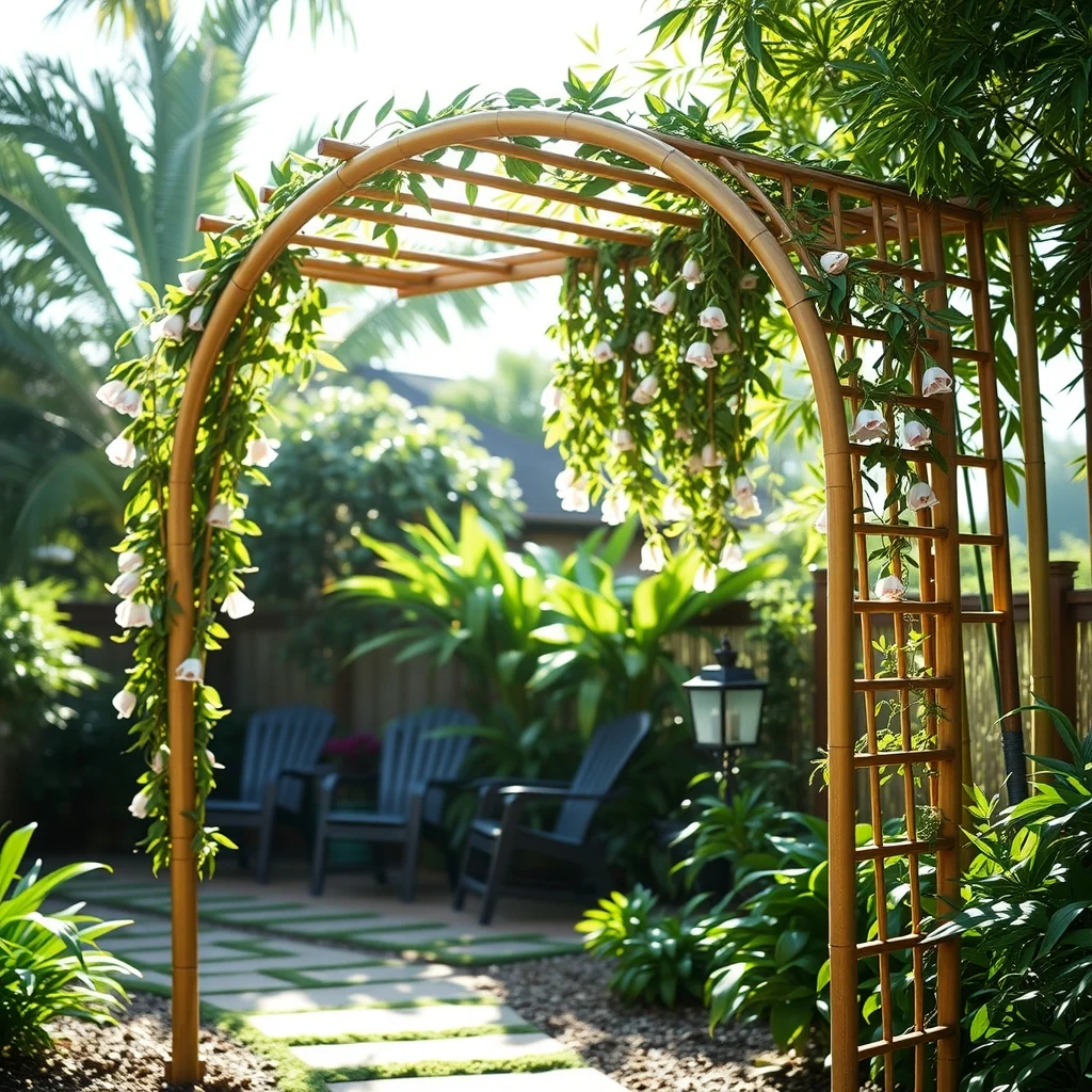 Freestanding bamboo arbor with a graceful curved arch on a garden path sweet peas cascading tropical vibe dappled sunlight through bamboo warm earth tones low angle view highlighting natural curves