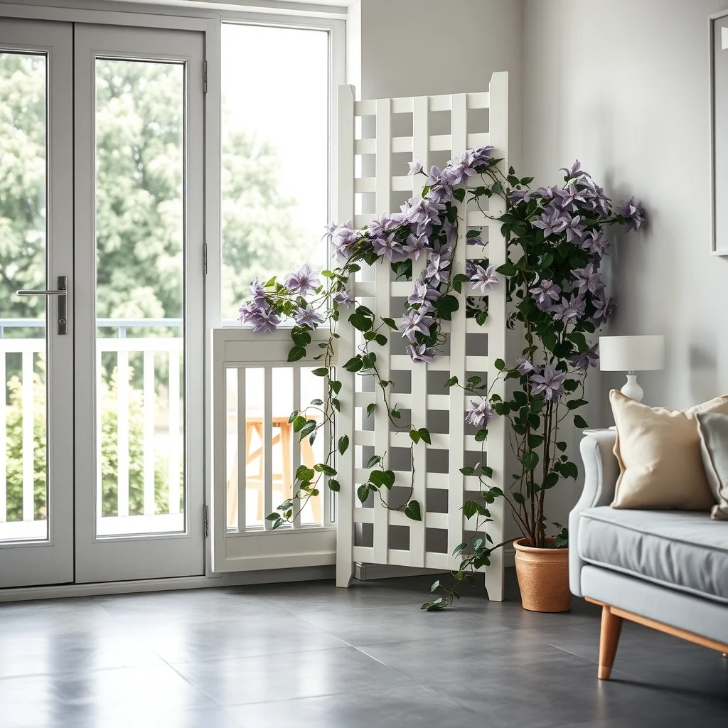 Freestanding white lattice panel positioned near patio railing entwined with blooming clematis vines in soft lavender sleek gray concrete floor diffused midday light shallow depth of field highlighting climbing texture