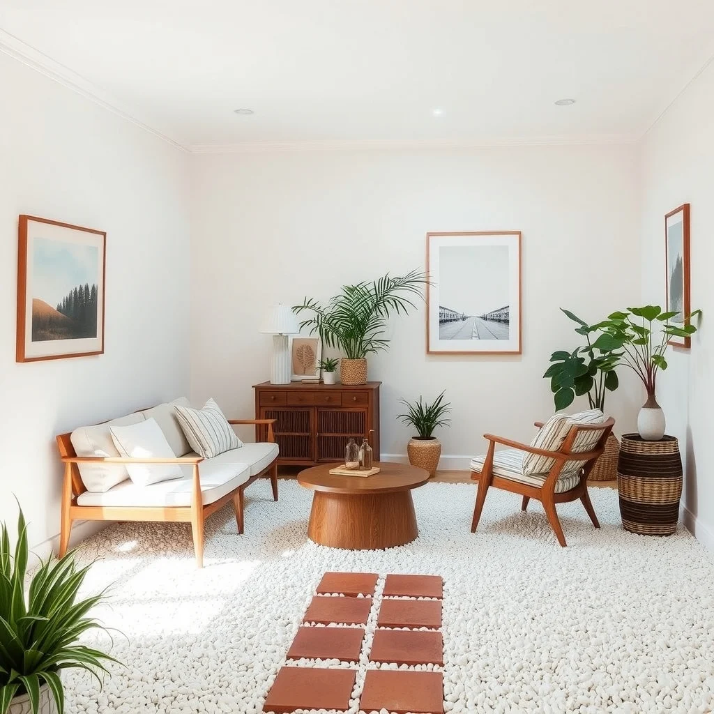 Garden Path Ideas Using Gravel, Stone, and Natural Materials interior: 6. Sun‑Baked Terracotta Pavers with White Gravel Infill - Terracotta pavers, left to cure in the sun, develop a warm, honeyed hue that deepens as they age. When laid in a simple grid and filled with bright white gravel, the contrast creates a striking