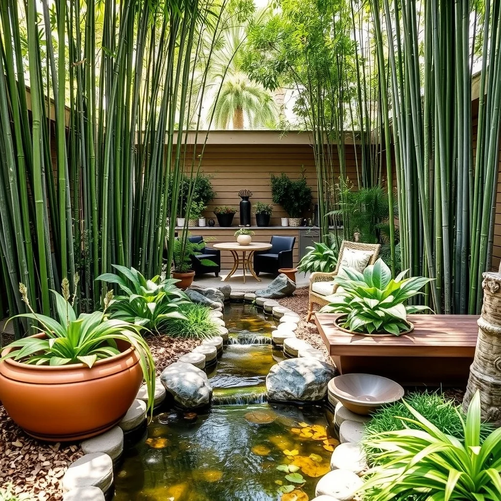 Garden Water Feature Ideas for a Peaceful and Relaxing Backyard: 3. Bamboo-Integrated Stream - Running a narrow, meandering stream through a bamboo grove creates a naturalistic scene that feels both secluded and inviting. The waterway can be lined with a flexible pond liner, then covered with a thin layer