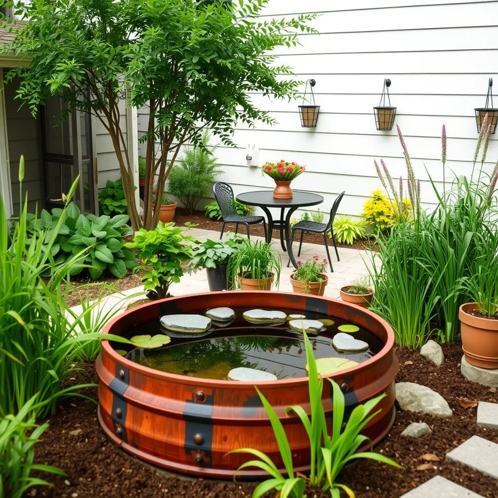 Garden Water Feature Ideas for a Peaceful and Relaxing Backyard: 4. Recycled Barrel Pond - Turning an old rain barrel into a modest pond brings a sustainable twist to garden design while providing a reflective surface that doubles as a visual anchor. The barrel, when cut in half and inverted,