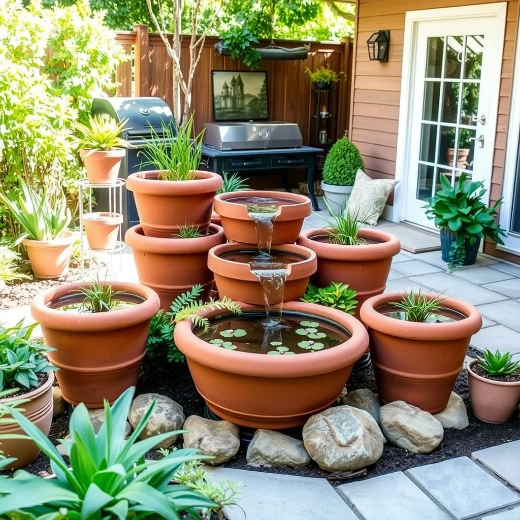 Garden Water Feature Ideas for a Peaceful and Relaxing Backyard: 6. Terracotta Pot Water Garden - Arranging a cluster of terracotta pots at varying heights, each filled with a small amount of water and a few aquatic plants, creates a tiered water garden that feels both handcrafted and inviting. The earthy