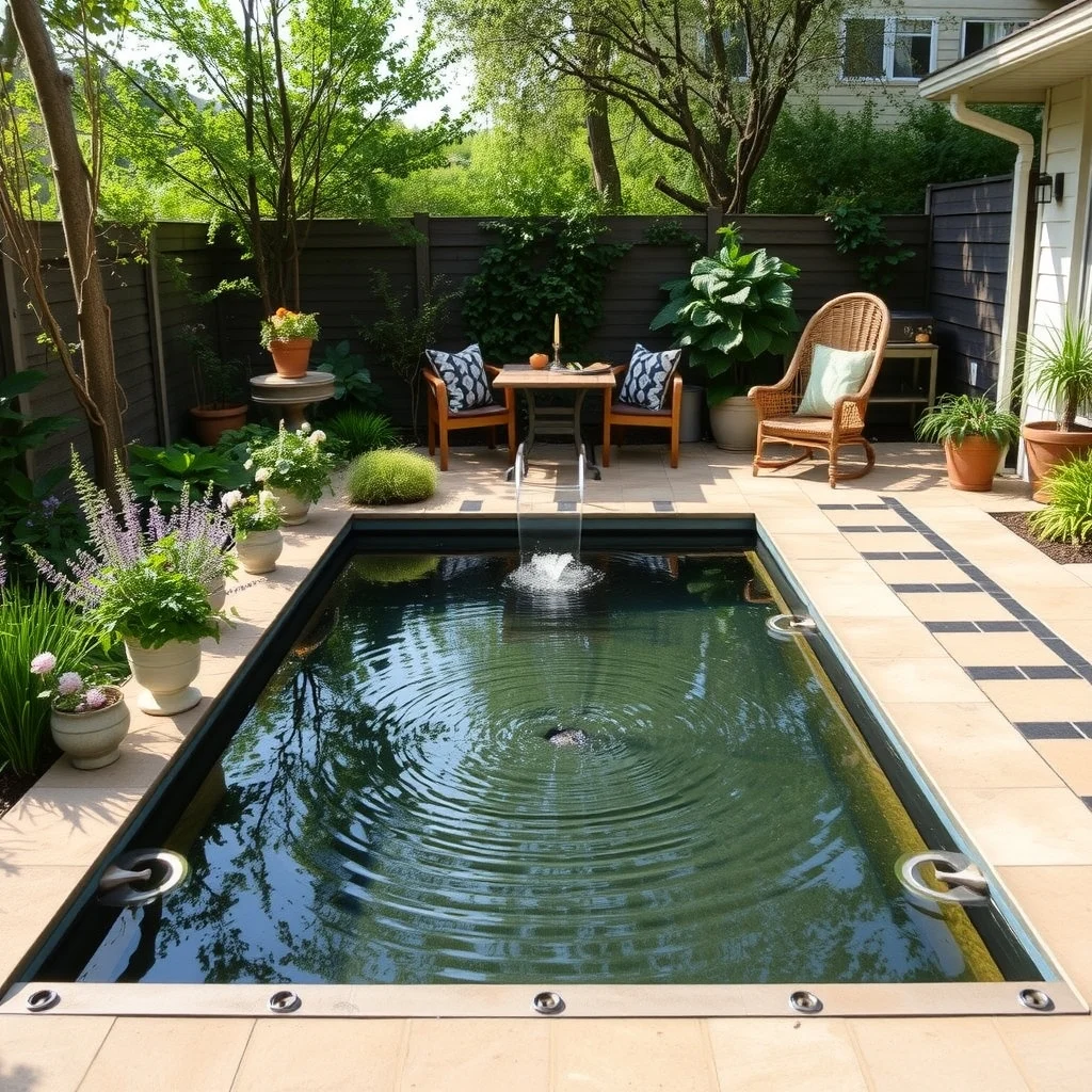 Garden Water Feature Ideas for a Peaceful and Relaxing Backyard: 7. Hidden Mirror Pool - A shallow, rectangular pool lined with a reflective acrylic sheet or polished stone can act as a mirror that doubles the sky and surrounding foliage. When water is gently circulated, the surface ripples just enough