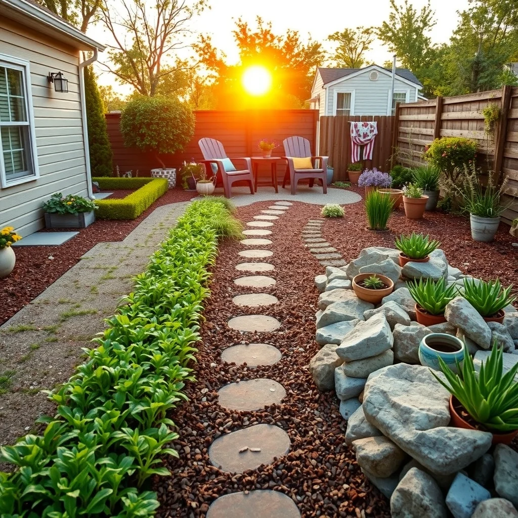 Golden hour wide view of a cohesive yard reclaimed brick thyme strip mulched path reclaimed wood bed and river rocks blend seamlessly warm glow unifies the diverse budget friendly borders