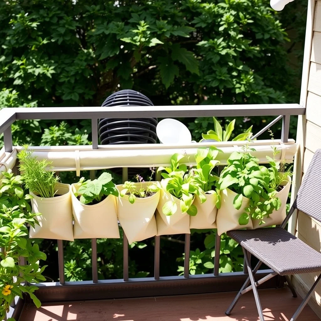 Herb Garden Ideas for Small Kitchens, Balconies, and Patios: 5. Fabric Pocket Planters - Fabric pockets, often made from sturdy felt or canvas, offer a soft, modular way to grow herbs on a balcony railing or kitchen backsplash. Each pocket folds over a thin wooden frame, creating a shallow