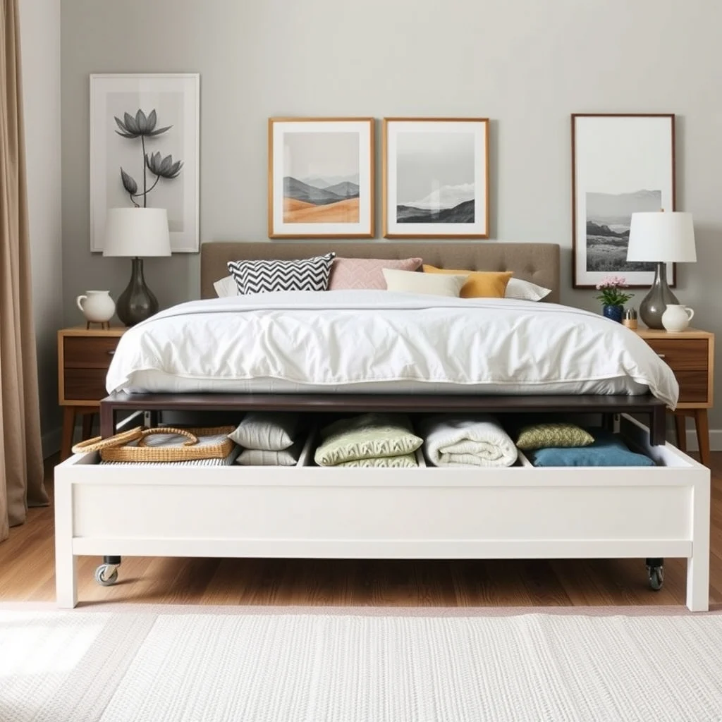 Home Organization Ideas for With Limited Storage Space: 2. Use Under‑Bed Drawers With Coordinated Bins - In bedrooms where closets are shallow or shared, the space beneath the bed becomes a hidden treasure chest. Opt for a platform bed with built-in drawers, or add a set of rolling containers that fit