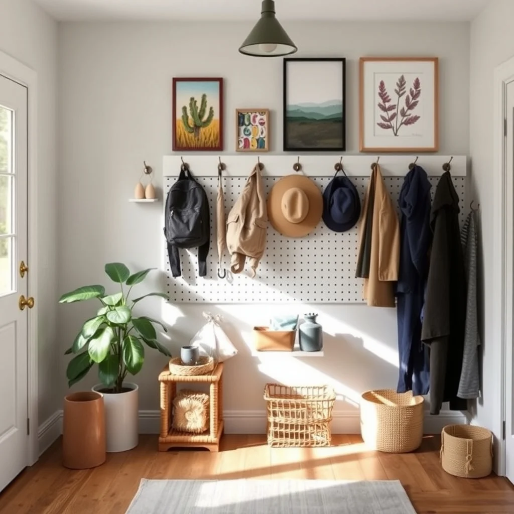 Home Organization Ideas for With Limited Storage Space: 5. Hang a Pegboard in the Mudroom for Daily Gear - A pegboard mounted on the mudroom wall transforms a chaotic drop‑zone into a structured command center. Arrange hooks at varying heights: lower hooks for backpacks, mid‑level for jackets, and upper hooks for hats or umbrellas.