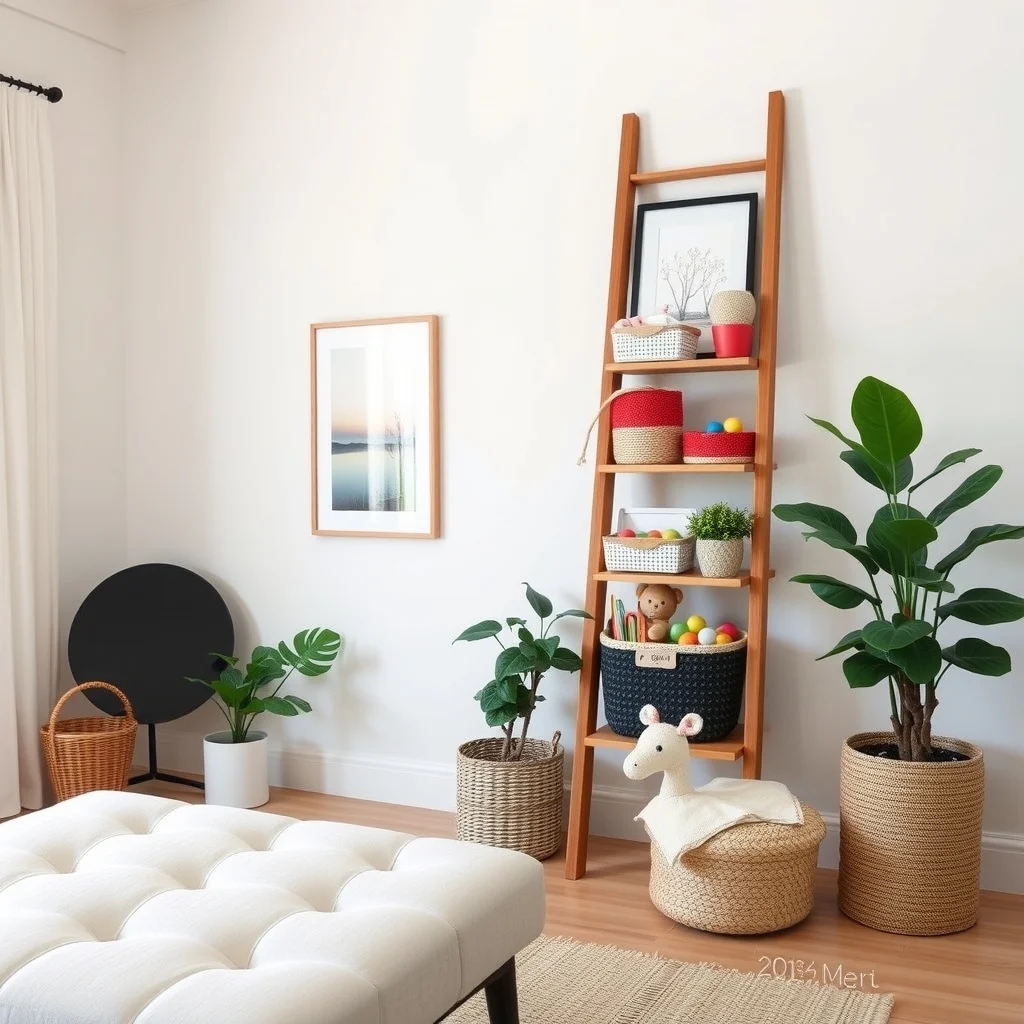 Home Organization Ideas for With Limited Storage Space: 7. Create a Vertical Toy Library on a Wall‑Mounted Ladder Shelf - toys often dominate floor space, but a wall‑mounted ladder shelf offers a vertical alternative that doubles as a decorative element. Each rung can hold a basket or bin labeled for different categories—building blocks, puzzles,