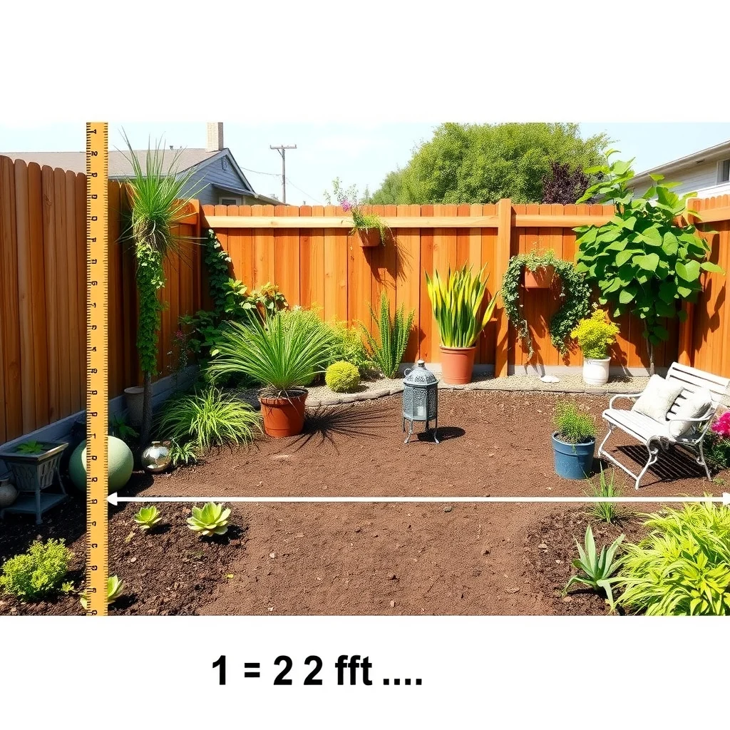 Illustrated garden scene showing a 1 to 2 foot wide border measured with a wooden ruler bright daylight and a top down perspective illustrate optimal width without any presence