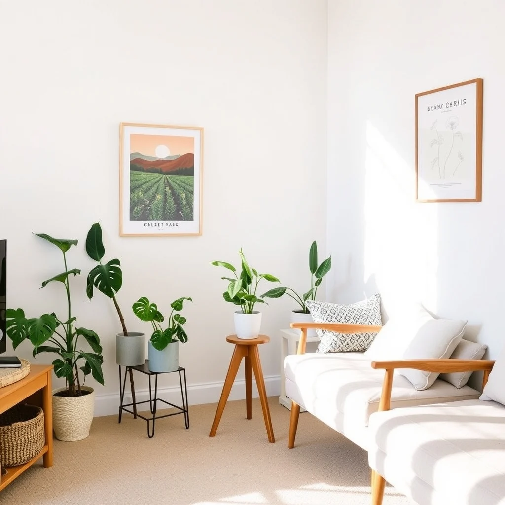 Indoor Plant Display Ideas for Small Rooms and Empty Corners: 2. Corner Floor‑Level Plant Stand - Many rooms have a diagonal corner that ends up empty because a sofa or desk blocks the view. A low, tripod‑style plant stand made of reclaimed wood can fill that gap without dominating the space.