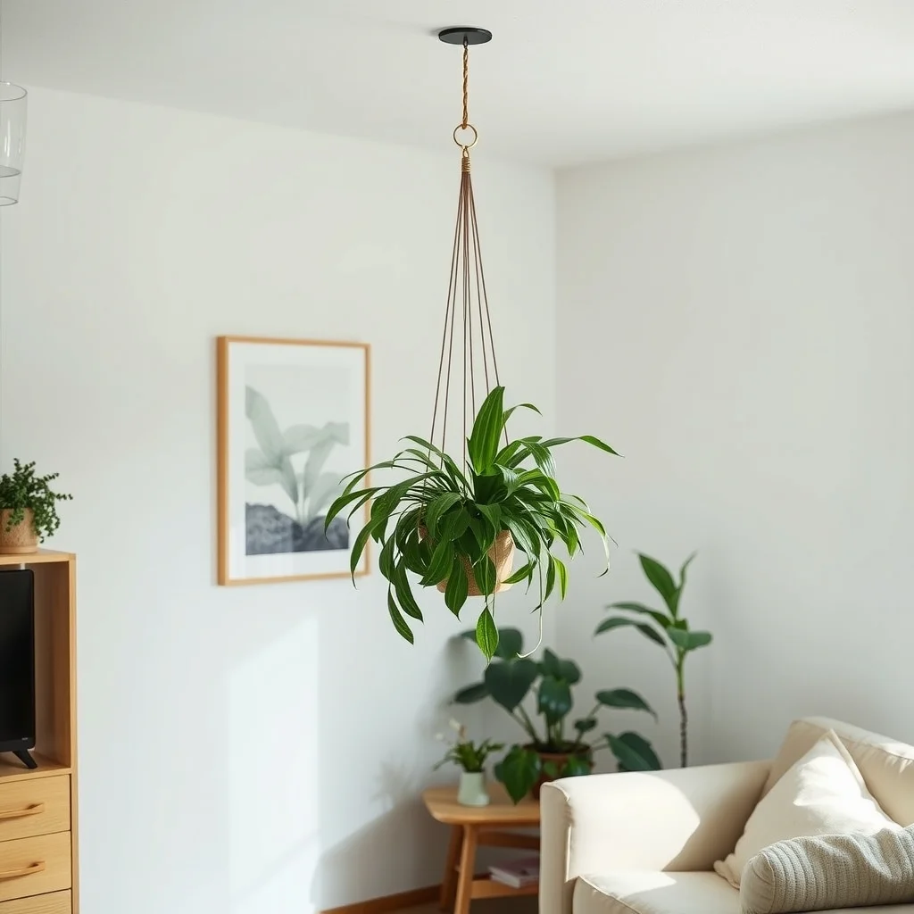 Indoor Plant Display Ideas for Small Rooms and Empty Corners: 3. Hanging Cluster from a Ceiling Hook - When floor area is at a premium, suspending plants from the ceiling frees up precious square footage. A simple brass or black‑finished hook placed near the center of a small room can hold a collection