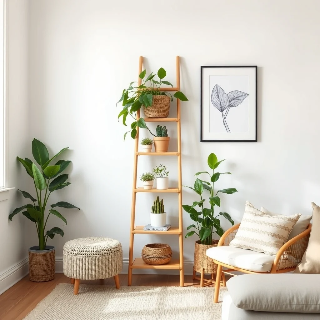 Indoor Plant Display Ideas for Small Rooms and Empty Corners: 5. Ladder Shelf with Mixed Textures - A leaning ladder shelf made of bamboo or painted pine offers multiple levels for both plants and decorative objects. By placing a pothos in a woven basket on the top rung, a small cactus in