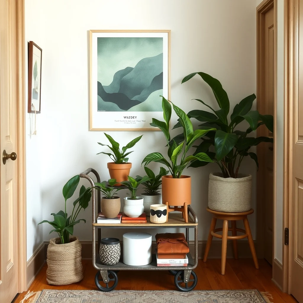 Indoor Plant Display Ideas for Small Rooms and Empty Corners: 6. Repurposed Vintage Cart - An old metal or wooden utility cart can become a mobile plant station that slides along a narrow hallway. By placing two to three medium‑size pots—such as a ZZ plant, a peace lily, and a