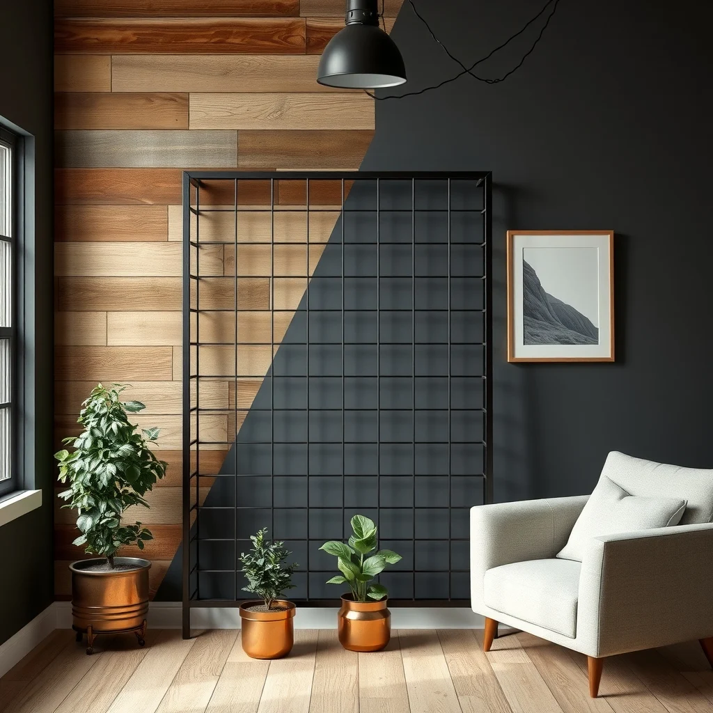 Industrial black steel trellis standing against reclaimed barn wood backdrop supporting potted dwarf boxwood in weathered copper containers muted charcoal walls soft overhead LED lighting vignette focusing on texture
