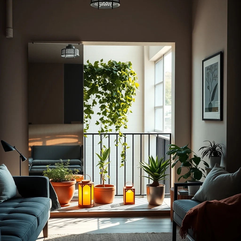 Industrial chic balcony with a large brushed steel mirror opposite the railing reflecting midday sun onto cascading ivy surrounded by warm amber lanterns and a small terracotta pot atmospheric glow